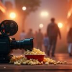 Film kamera és popcorn a filmes estét jelképezve.