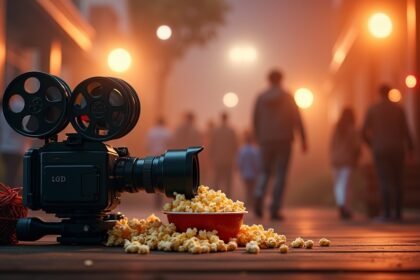 Film kamera és popcorn a filmes estét jelképezve.