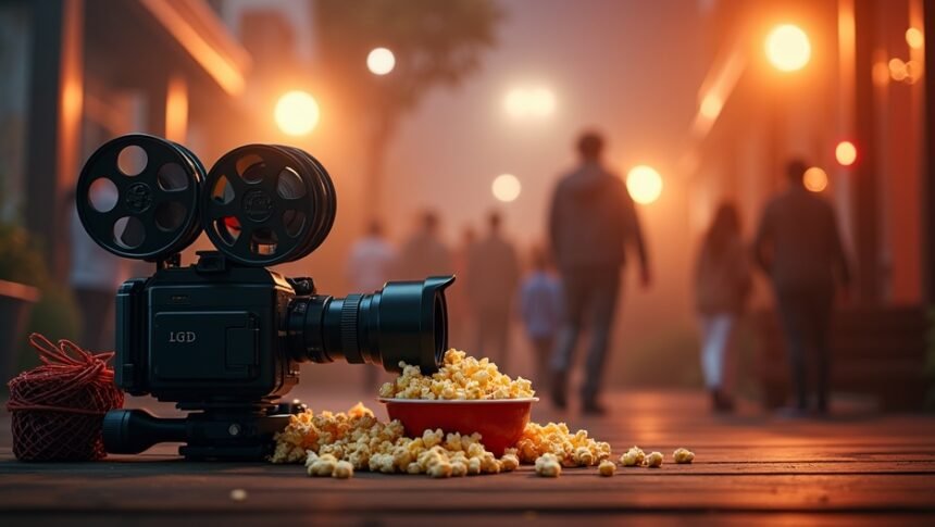 Film kamera és popcorn a filmes estét jelképezve.