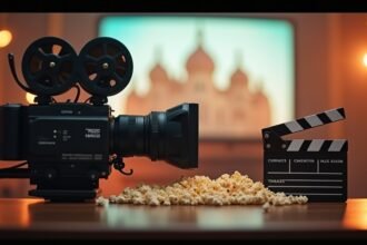 Film kamera és filmes kellékek popcorngal a háttérben.