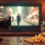 Filmeszközök, popcorntál és kamera egy szobában.