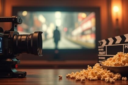 Filmeszközök, popcorntál és kamera egy szobában.