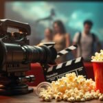 Filmeszközök: kamera, filmes clapperboard és popcorn egy vetítés előtt.