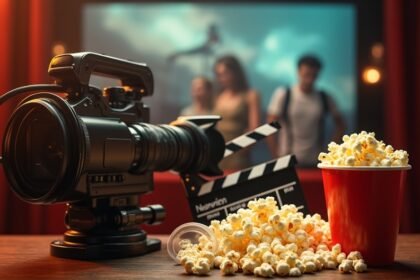 Filmeszközök: kamera, filmes clapperboard és popcorn egy vetítés előtt.