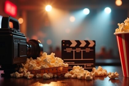 Filmkamerával és popcorntálcákkal teli filmes piknik jelenet