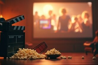 Filmeszköz és pattogatott kukorica egy mozi szobában