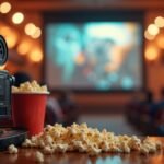 Régi filmprojektor és popcorn egy mozi előtérben.