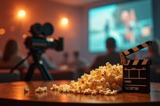 Popcorn and a film clapperboard in a cozy cinema setting.