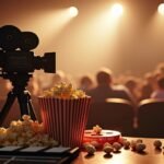 Klasszikus filmszett: kamerával és popcornnal a nézőtéren