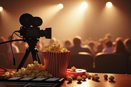 Klasszikus filmszett: kamerával és popcornnal a nézőtéren
