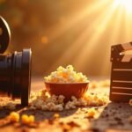 Klasszikus filmes kellékek: régi kamera, popcorn és clapperboard