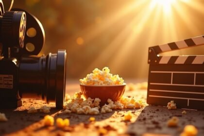 Klasszikus filmes kellékek: régi kamera, popcorn és clapperboard