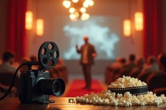 Filmes esemény előadás közben, popcornnal és kamerával.