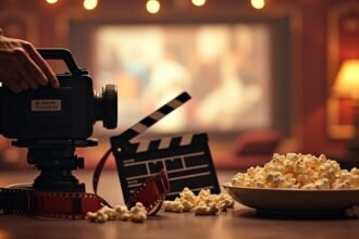 Filmes kiegészítők egy klasszikus mozi környezetben, kamerával és popcorngal.