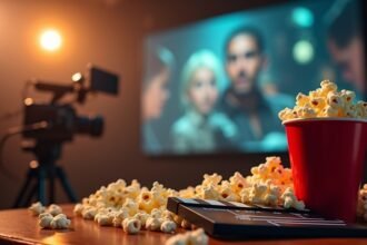 Popcorn and film clapperboard in a cozy cinema setting.