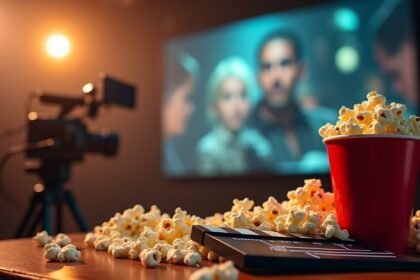 Popcorn and film clapperboard in a cozy cinema setting.
