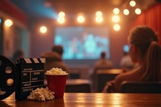 Filmvetítés élvezete popcorngyűjtéssel és filmes kellékekkel.