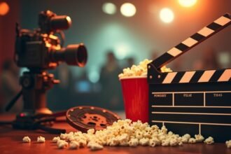 Filmes kellékek popcorntál és filmes klapka egy kamerával.