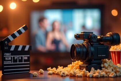 Kamera és filmes klappalék, popcornnal