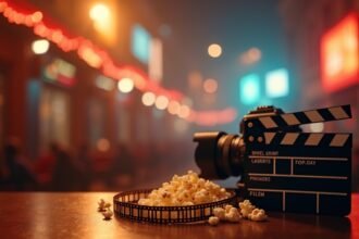 Popcorn and a movie clapperboard on a table in a cinematic setting