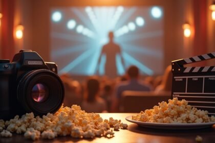 Kamera és popcorn a moziban, háttérben filmes jelenet
