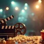 Klasszikus filmes kellékek, kamera és popcorn egy filmes rendezvényen.
