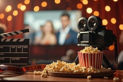 Filmpiknik jelenet: popcorn, kamera és filmes kellékek