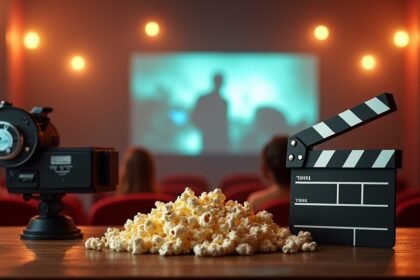 Filmkészítés kellékei: kamera, filmes táblacsomag és popcorn