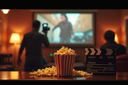 Otthoni filmes est és popcorn a vetítő előtt
