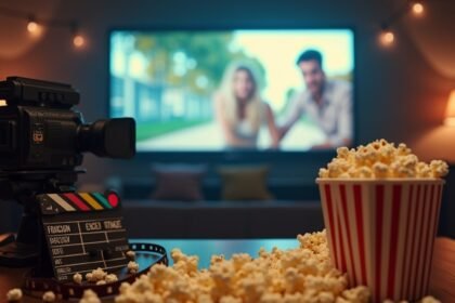 Filmek nézése popcornnal és kamera a nappaliban