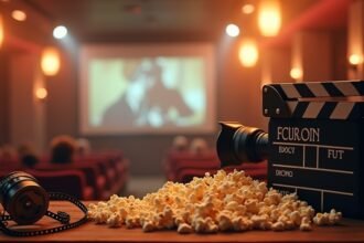 Filmeszközök és popcorn egy mozi nézőtéren