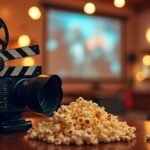 Filmkamera és pattogatott kukorica egy mozi környezetben.