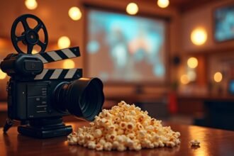 Filmkamera és pattogatott kukorica egy mozi környezetben.