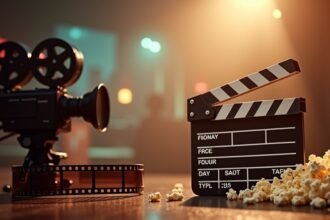 Filmstúdió kellékek: kamera, filmeszalag és pattogatott kukorica