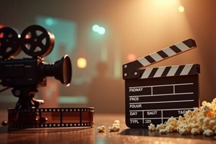 Filmstúdió kellékek: kamera, filmeszalag és pattogatott kukorica