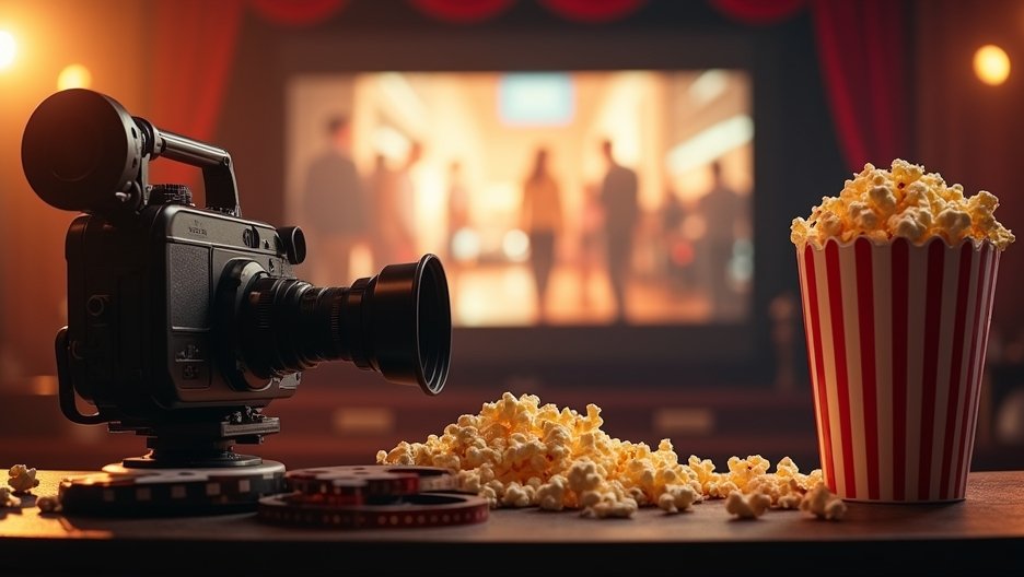 Fekete háttér előtt egy kamera és popcorn, filmvászon mögött.