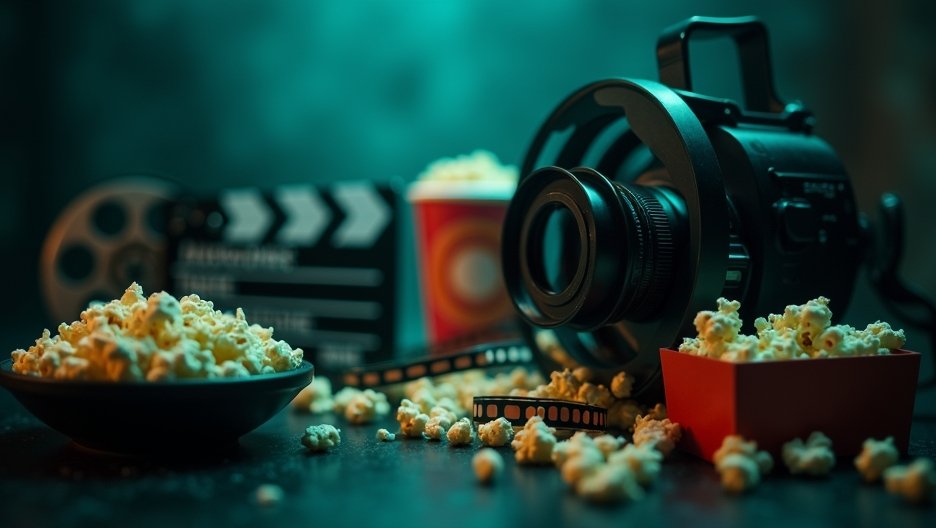 Filmeszközök popcornnal és filmes szalagokkal