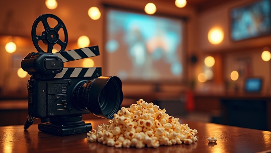 Filmkamera és pattogatott kukorica egy mozi környezetben.