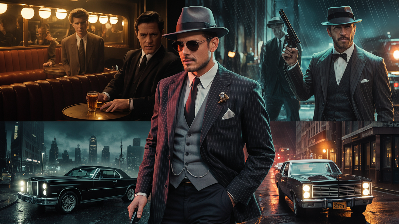 Gengszteres filmek hangulata: karakterek, autók és városi táj.