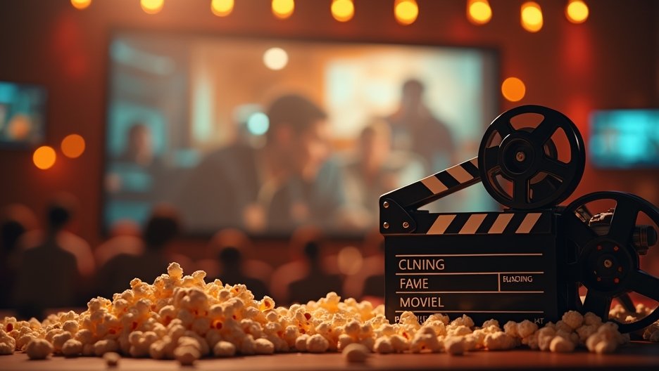 Vászon előtti filmes kellék és pattogatott kukorica