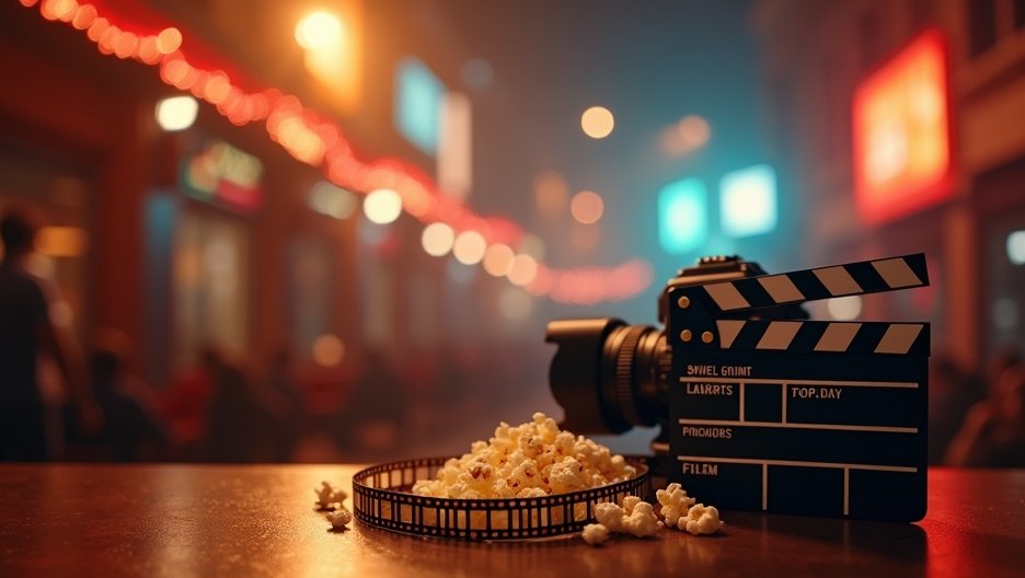 Popcorn and a movie clapperboard on a table in a cinematic setting