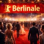 A Berlinale vörös szőnyege, sok néző és fotós világítással.
