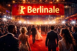 A Berlinale vörös szőnyege, sok néző és fotós világítással.