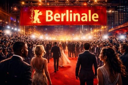A Berlinale vörös szőnyege, sok néző és fotós világítással.