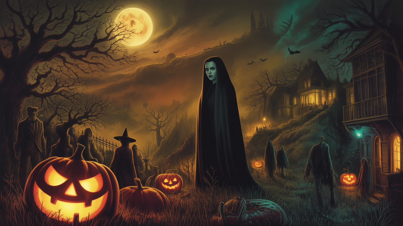 Halloweeni éjszaka, töklámpásokkal és szellemekkel