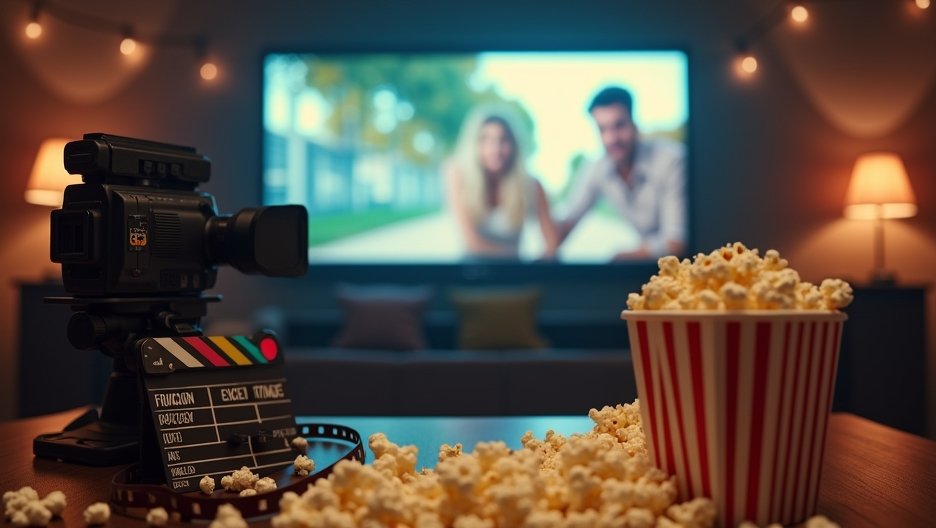 Filmek nézése popcornnal és kamera a nappaliban