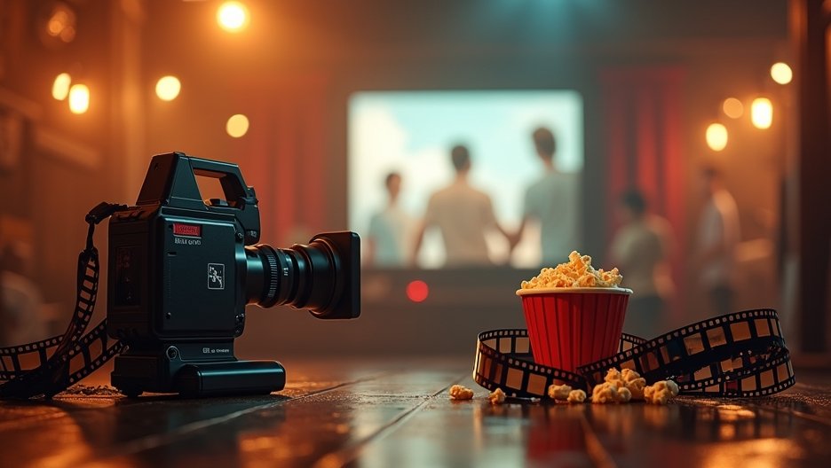 Film fényképezőgép és pattogatott kukorica a vászon előtt