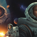 Űrhajósok és bolygók háttere egy sci-fi filmben