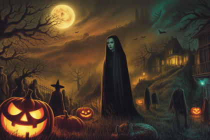 Halloweeni éjszaka, töklámpásokkal és szellemekkel