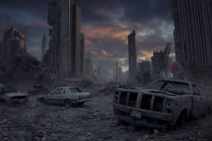 Posztapokaliptikus táj romos épületekkel és elhagyott autókkal